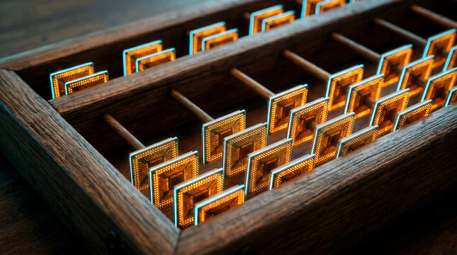 Vintage wooden abacus with glowing golden microchips for computing evolution concept