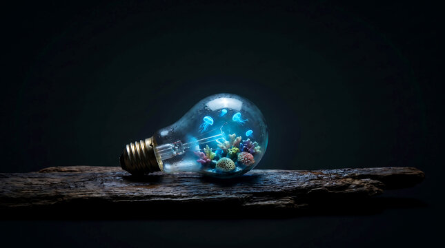 Glowing blue jellyfish and coral reef inside a clear lightbulb on driftwood for ocean conservation concept