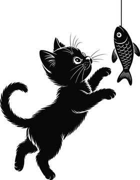 Black cat playing with a fish on a string isolated on white background