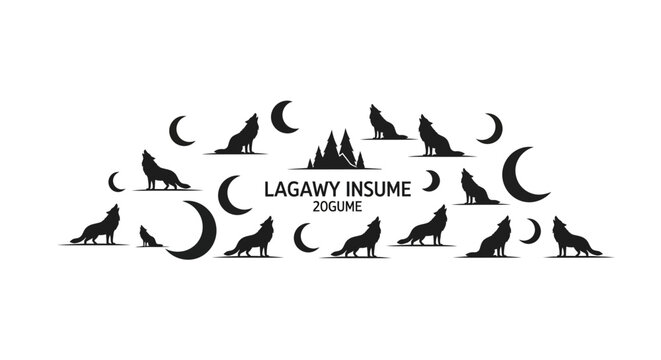 Howling Wolves and Crescent Moons Silhouette Pattern on White Background