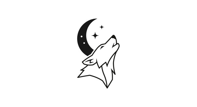 Stylized wolf howling at moon and stars, minimalist design, vector art
