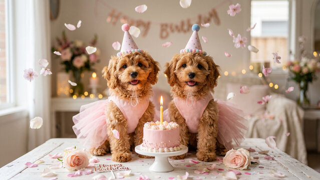 Cute Cavoodle puppies in pink tutu dresses celebrating with a miniature birthday cake and falling flower petals