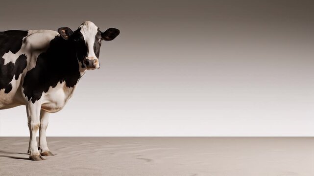 A beautiful black and white cow stands elegantly against a clean, light studio background, presenting its distinct markings and a calm demeanor, symbolizing farm animals and sustainable agriculture