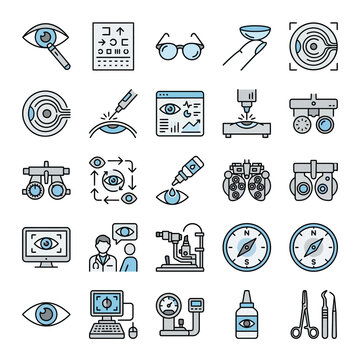 Vector set of 25 ophthalmology icons including eye examination tools, phoropters, laser surgery equipment, vision charts, eye drops, medical tonometers, and surgical instruments.