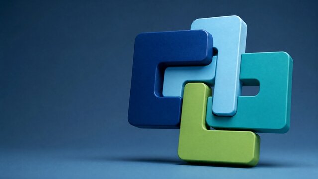 Abstract teamwork concept with interlocking geometric shapes on gradient.