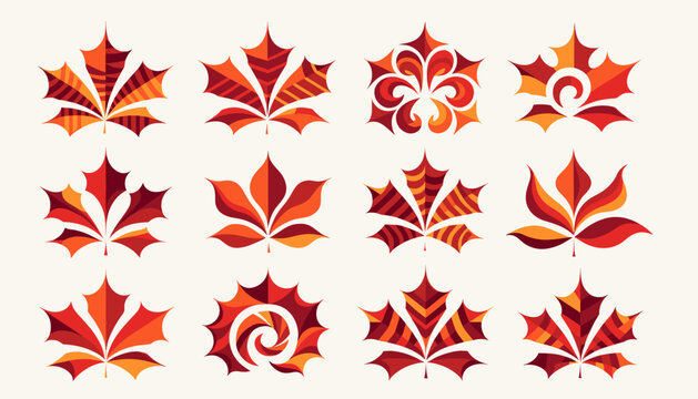 A collection of twelve stylized maple leaf designs in various shades of red and orange, featuring geometric and organic patterns on a light background.