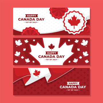 Canada day banners with maple leaf illustrations and patriotic red and white color scheme