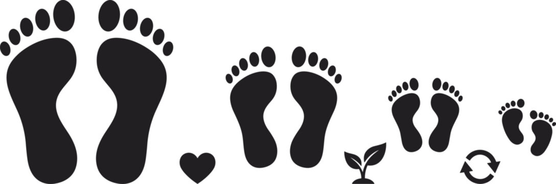 Human Carbon Footprint and Ecological Impact Vector Silhouette Set with Family Barefoot Prints Heart Icon Plant Shoot and Recycle Arrow Symbols