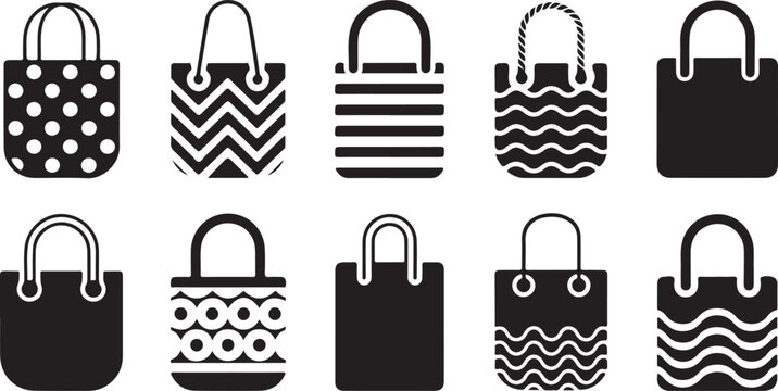 Set of black tote bag icons for shopping and fashion isolated on white background flat design.