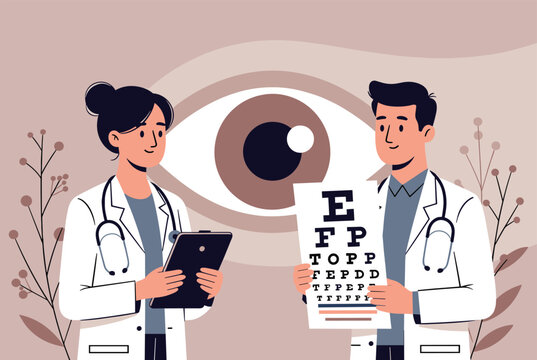 Two ophthalmologists standing with an eye chart and a digital tablet provide professional eye care and vision testing in an optometry clinic.