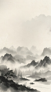 Misty Mountain Landscape Ink Wash Painting