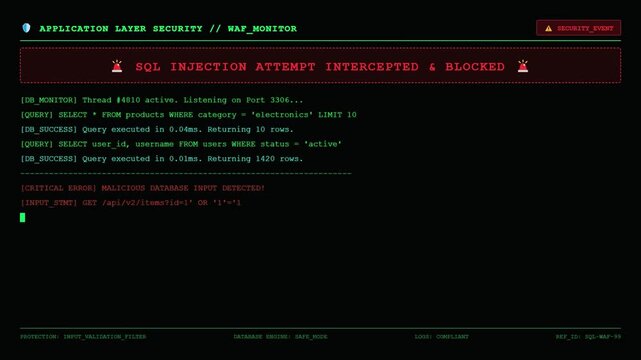 Application Layer Security WAF Monitor Screen Showing Backend Injection Protection Active And SQL Injection Attack Malicious Database Input Aborted Logs.
