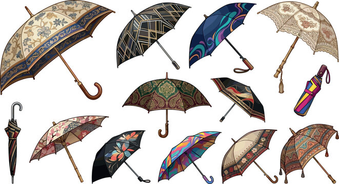Collection of elegant vintage umbrellas with diverse patterns floral designs and lace decorations vector illustration