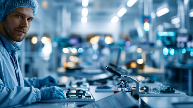 Modern industrial cleanroom or semiconductor fabrication facility interior with white walls, organized workflow stations, and workers in protective suits, representing precision