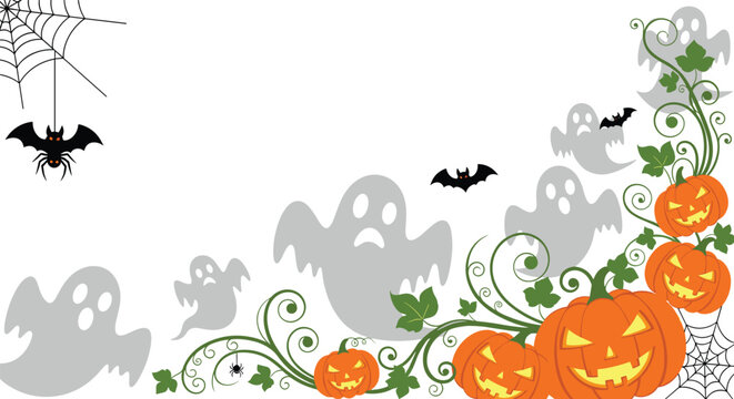 Spooky halloween border design incorporates orange jack o lanterns and grey ghosts with flying bats and a spider hanging from a web.