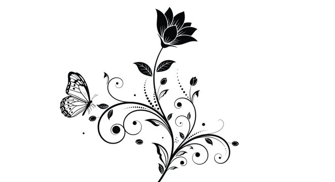 Elegant black and white floral illustration showcases a single blooming flower with graceful swirling vines and a dainty butterfly.