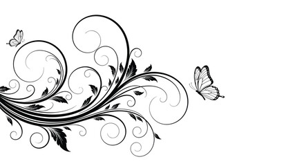 Fototapeta premium Minimalist and elegant black swirl pattern with small leaves and butterflies creates a graceful border on a clean white background.