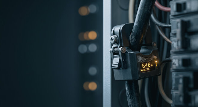 Smart Digital Current Clamp Meter on a Power Cable in an Electrical Panel representing Energy Monitoring and Efficiency.