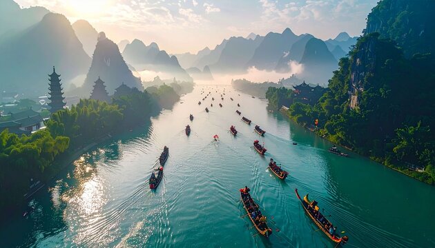 Spectacular aerial view of the Dragon Boat Festival on the Li River, Guilin, China, at sunrise. Rows of colorful traditional dragon boats glide across the calm emerald green water, ats