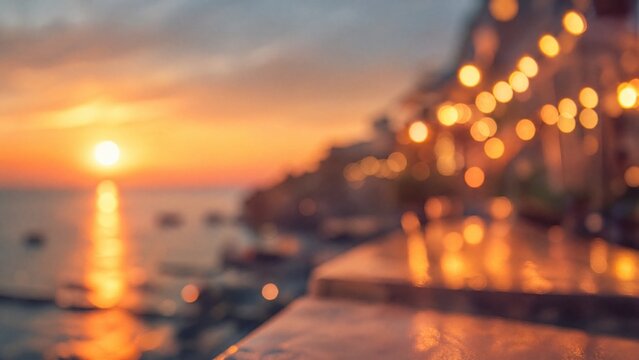 Golden sunset lights blending with warm string illumination, creating a dreamy coastal atmosphere.