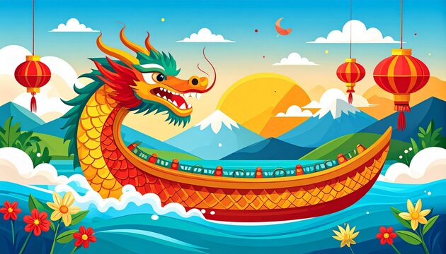 dragon,This design is rich in cultural elements such as hanging red lanterns, detailed dragon scales, and bright floral decorations, creating a full Peh Cun or Duanwu Festival celebration atmosphere.