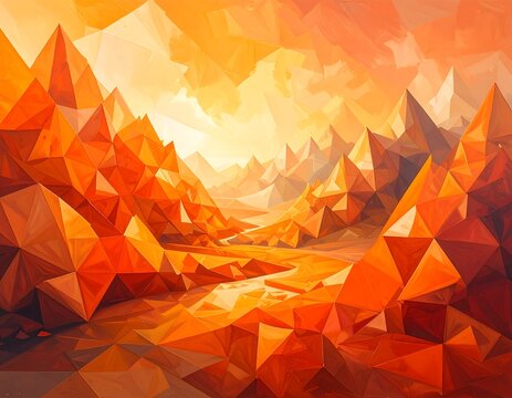 A vibrant geometric landscape of mountains and a flowing river reflecting the bright orange sky. The artwork is abstract