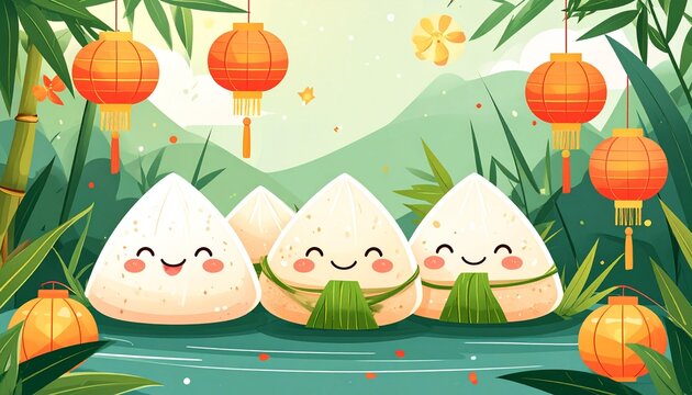 Cute cartoon vector illustration celebrating the Dragon Boat Festival (Duanwu Festival) featuring an adorable Zongzi or Bacang character with a smiling facial expression. Scenery backgrounds