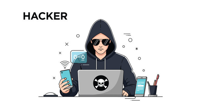 Hooded hacker character in sunglasses sits at a laptop with a skull logo surrounded by various digital devices and cyber security icons.