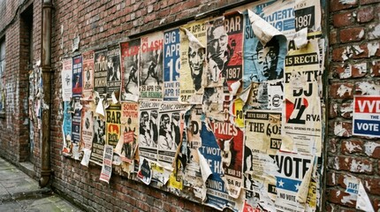 Fototapeta premium Weathered Brick Wall Adorned with a Collage of Faded Posters.