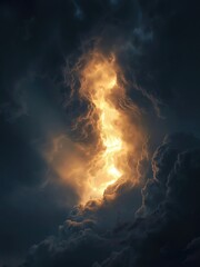 Fototapeta premium Dramatic bright golden sunlight breaking through thick dark storm clouds in sky creating stunning contrast of warm light and dark cloudy natural atmosphere