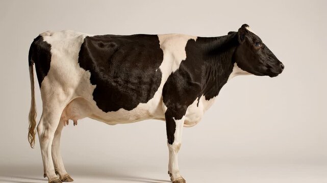 A black and white Holstein Friesian cow stands on a white background in a studio setting, showcasing its distinct markings