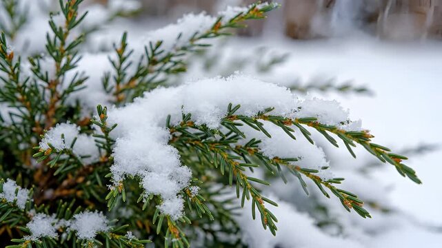 Closeup of a snowcovered evergreen branch in winter.