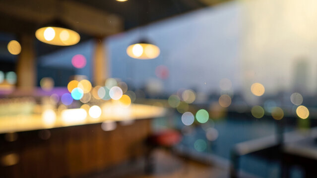 Wooden bar surface framing soft warm circular bokeh lights in an upscale evening venue