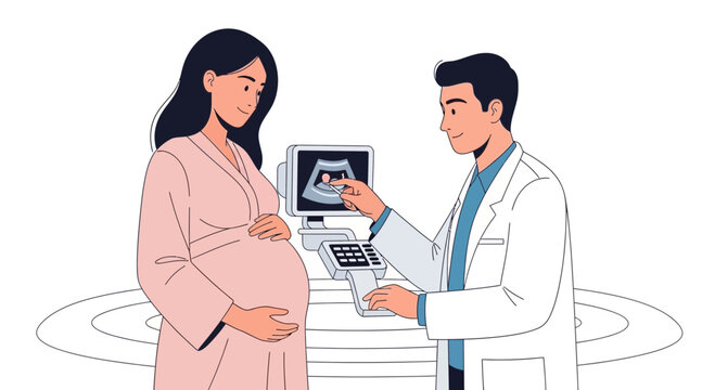 Pregnant woman and doctor at ultrasound appointment, showing baby scan