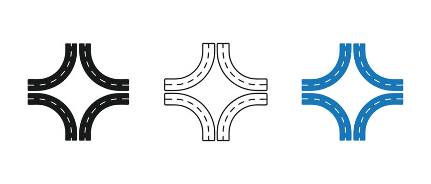 Road intersection icon set, vector collection featuring crossroads, junction layouts, navigation paths, and geometric star shapes for maps, urban planning, transportation graphics, and interface desig