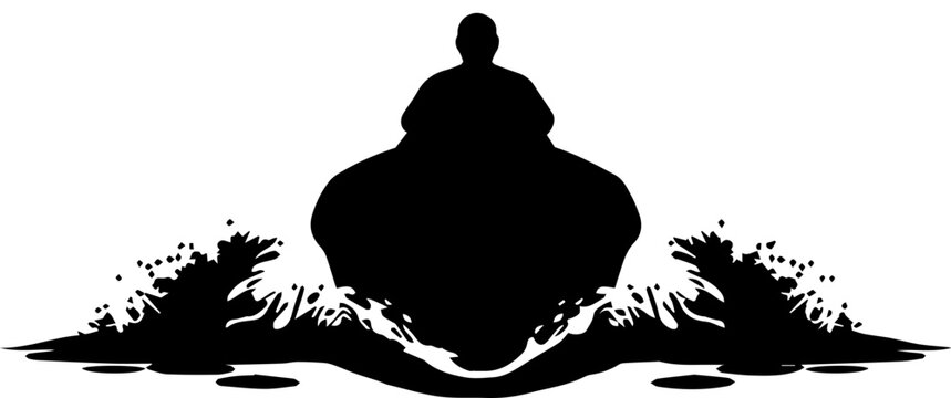 Vector silhouette of a person riding a jet ski with large water splashes on a white background