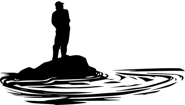 Silhouette of a Man Standing on a Rock in Rippling Water Vector Illustration