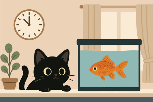 Cute black cat sitting on a shelf and curiously watching a bright orange goldfish swimming in a rectangular glass fish tank.