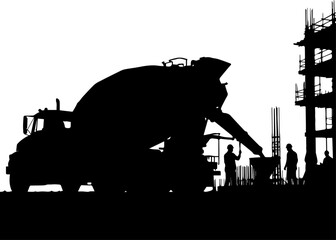 Obraz premium Silhouette of Concrete Mixer Truck and Workers at Construction Site