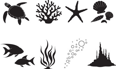 Fototapeta premium Underwater life silhouette illustrations including sea turtle coral starfish and tropical.
