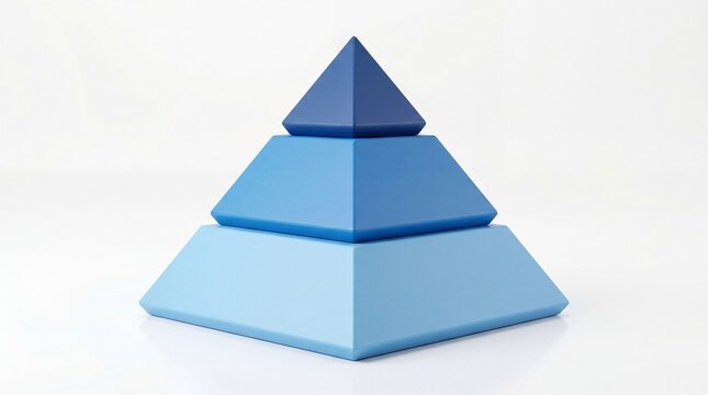 A stacked three level blue pyramid shape showing hierarchical business structure concept on white background