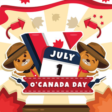 canada day illustration with calendar and cartoon mounties july first celebration