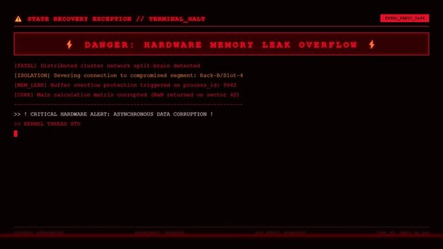 State Recovery Exception Terminal Halt Screen Displaying Transaction Process Interrupted Alert Banner With Red Cyber Hardware Data Corruption Logs.