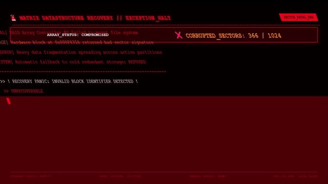 Matrix Data structure Recovery Exception Halt Screen Displaying Array Status Compromised Alert And Corrupted Sectors Count Red Cyber Terminal Hardware Logs.