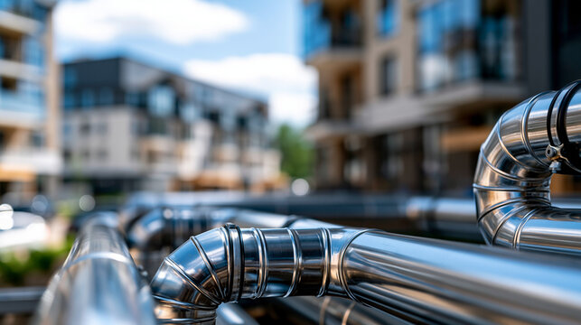 Shiny heating pipe systems installed on the exterior of new residential buildings, the metallic infrastructure representing urban utility engineering and the integration of heating systems