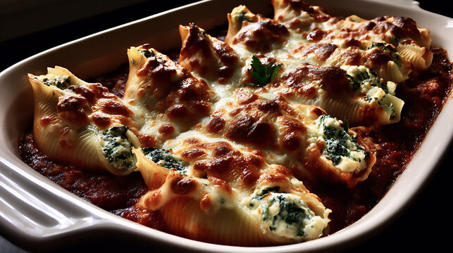 Baked jumbo pasta shells stuffed with ricocotta and spinach in tomato sauce