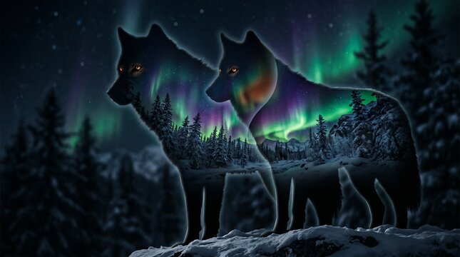 Double exposure of two wolves with northern lights and snowy forest landscape