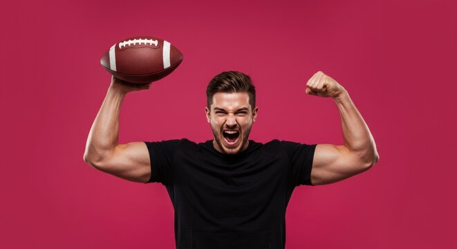 Muscular man yelling and flexing bicep while holding American football against pink background.