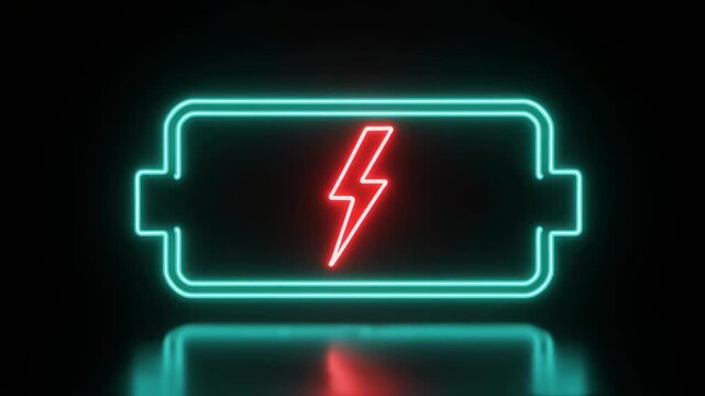 Neon battery sign with red lightning bolt.