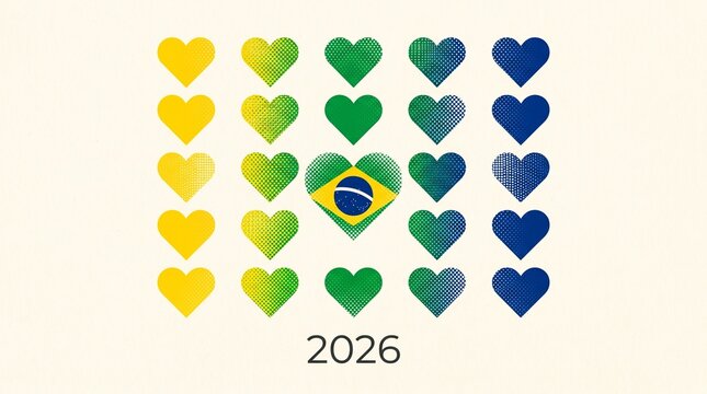 Brazil flag heart pattern with 2026 text for election or sports event